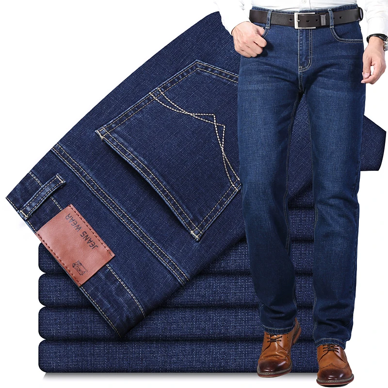 Fashion European American Style Stretch Men Jeans Luxury Men\'s Denim Trousers Slim Straight Deep Blue Gentleman Mens Size 28-38