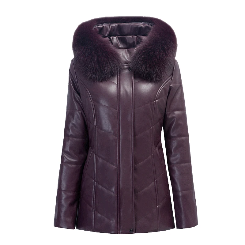 Winter Leather Jacket Middle-aged and Elderly Women\'s Coat Large Size 6XL Big fur Collar Down Cotton Leather Coats Parkas W54