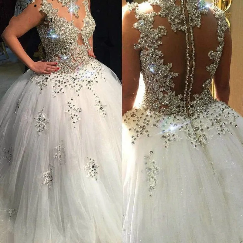 Fashion Wedding Dresses Puffy Beaded Crystal Luxury 2023 New Arabic Dubai Sheer Back Tulle Bridal Gowns Vestidos De Noiva