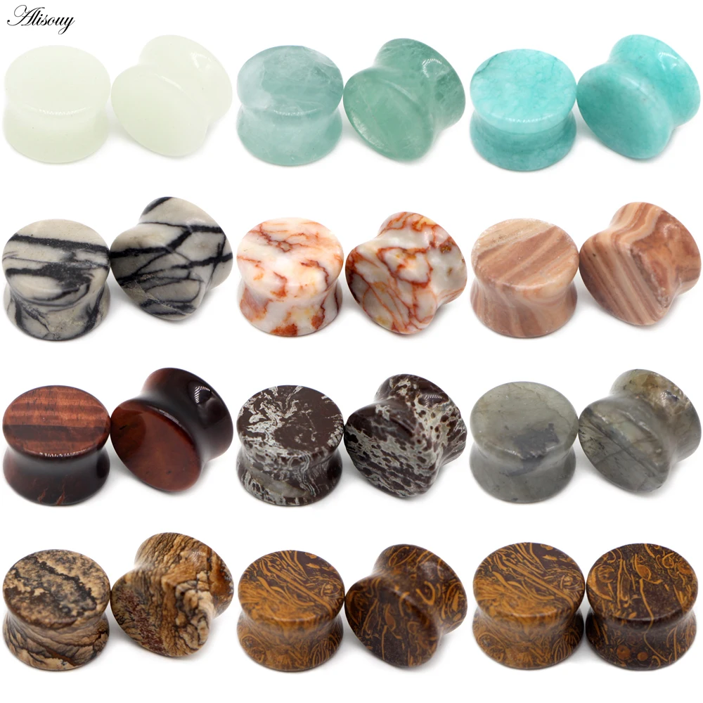 Alisouy 2PCS Natural Organic Stone Ear Plugs Flesh Tunnels Gauges 6mm-16mm Ear Expanders Stretchers Taper Body Piercing Jewelry