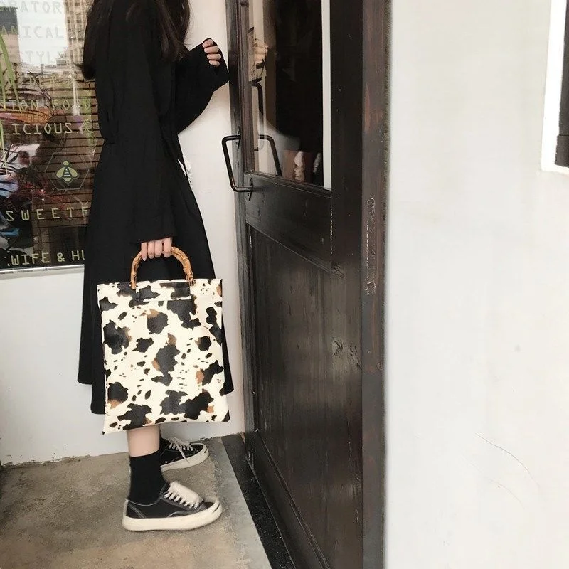 Women Fashion Trend Retro Design Cow Pattern Natural Bamboo Handle Handbag Large Capacity PU Female Bucket Bag Casual Tote Purse