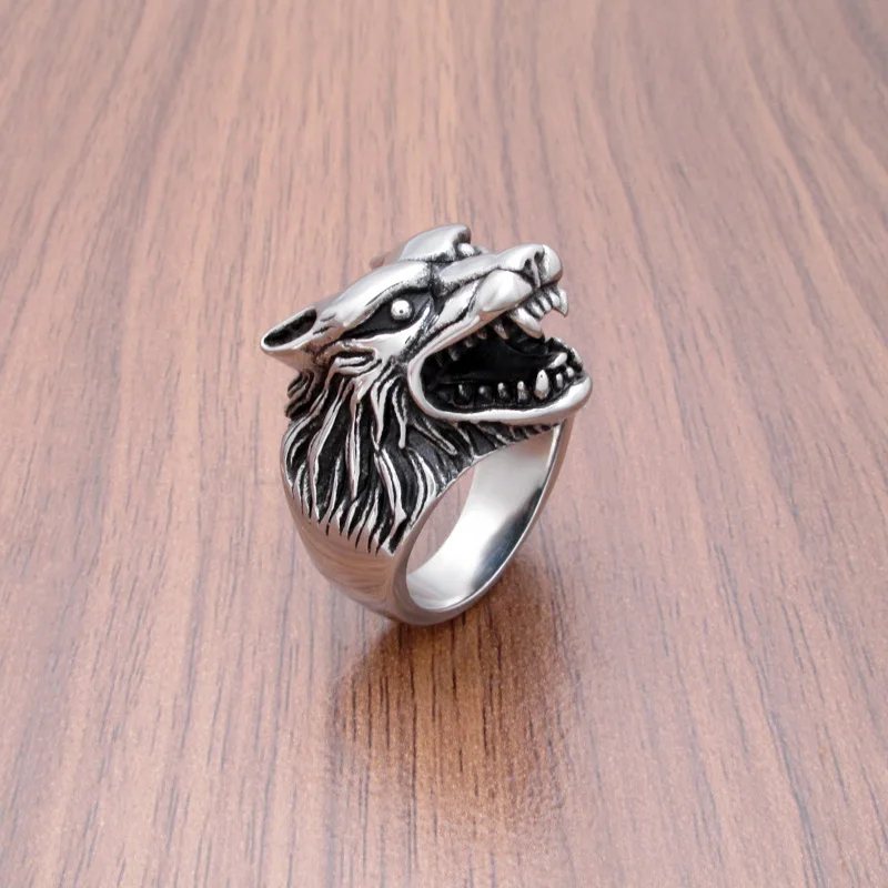 Punk Size 7-15# 316L Stainless Steel Silver Color Black Big Viking Wolf Head Animal Ring Jewelry For Men\'s Gift