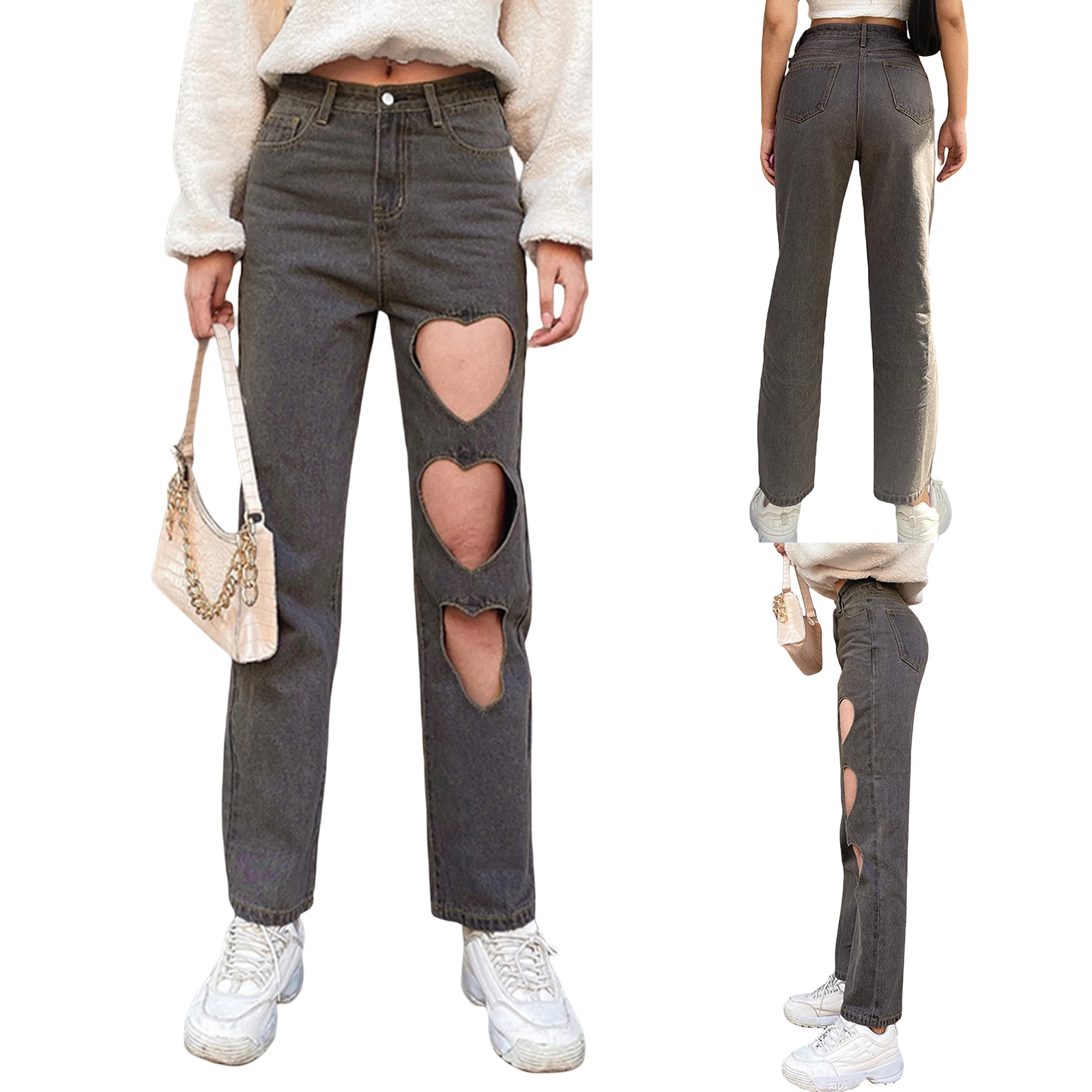 

Nice Pop Women Straight-leg Jeans, Adults Solid Color Hollow Out Love Pants With Pocket Belt Loop