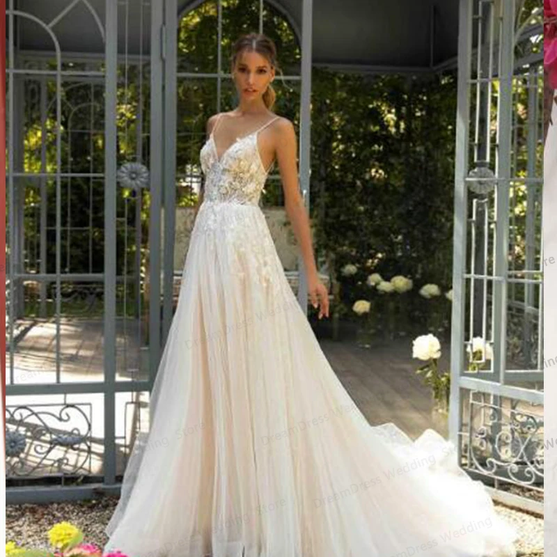 Abito da sposa Boho a-line ordina Tulle pizzo Appliqeus Backless Sweep Train senza maniche Bohemian Robe De Mariage spose su misura