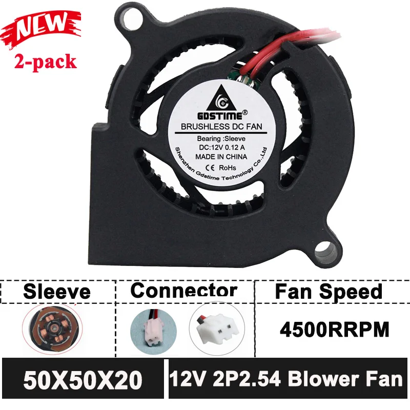 Охлаждающий вентилятор Gdstime 50 мм 5020, 50*50*20, 12 В, 2 контакта, 5 см, для 3D-принтера