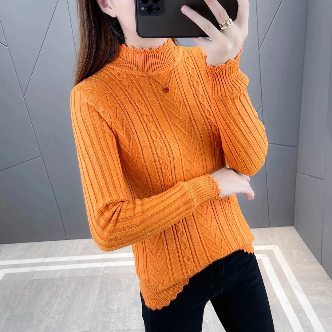 Autumn Women Sweater Pullover New Long Sleeve Knitwear Winter Fleece Warm Half Turtleneck Knit Sweater Jumper Base Shirt Female