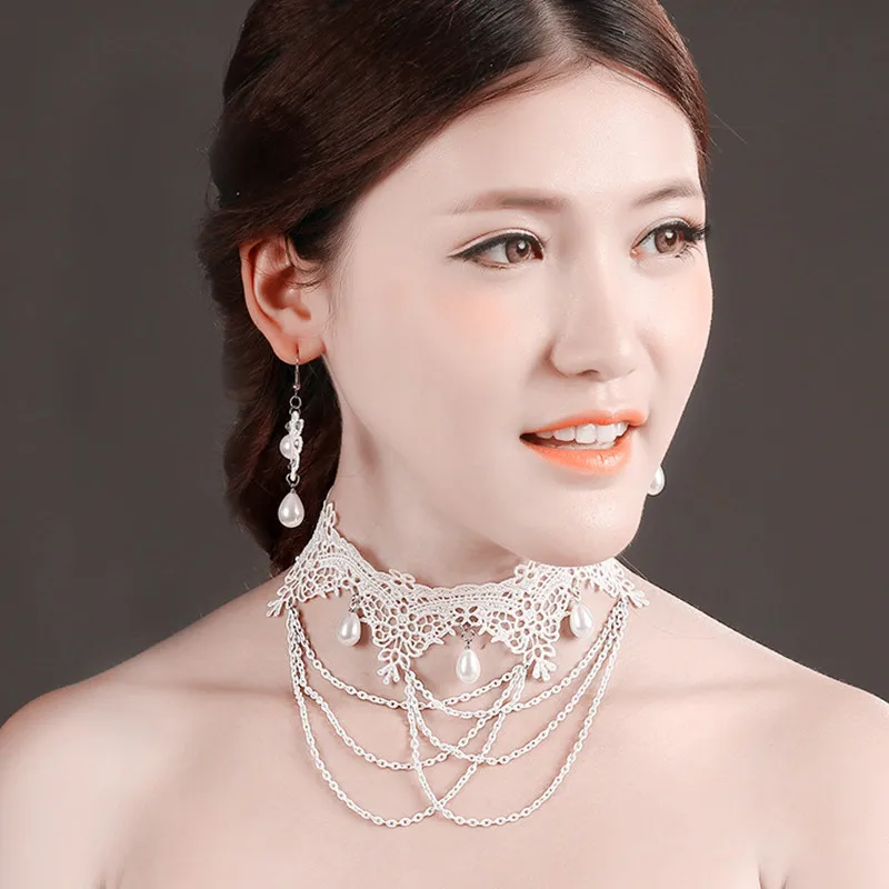 Vintage Lace Choker White Pearl Jewelry Necklace And Earring For Bridal Boho Handmade Wedding Accessories T022