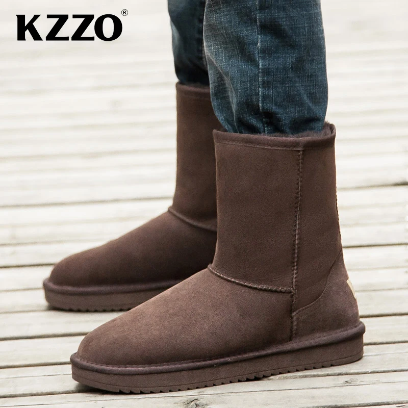 KZZO Australian Classic Mid-calf Men Snow Boots 100% Genuine Leather Natural Wool Lined Casual Winter Warm Non-slip Shoes 38-47