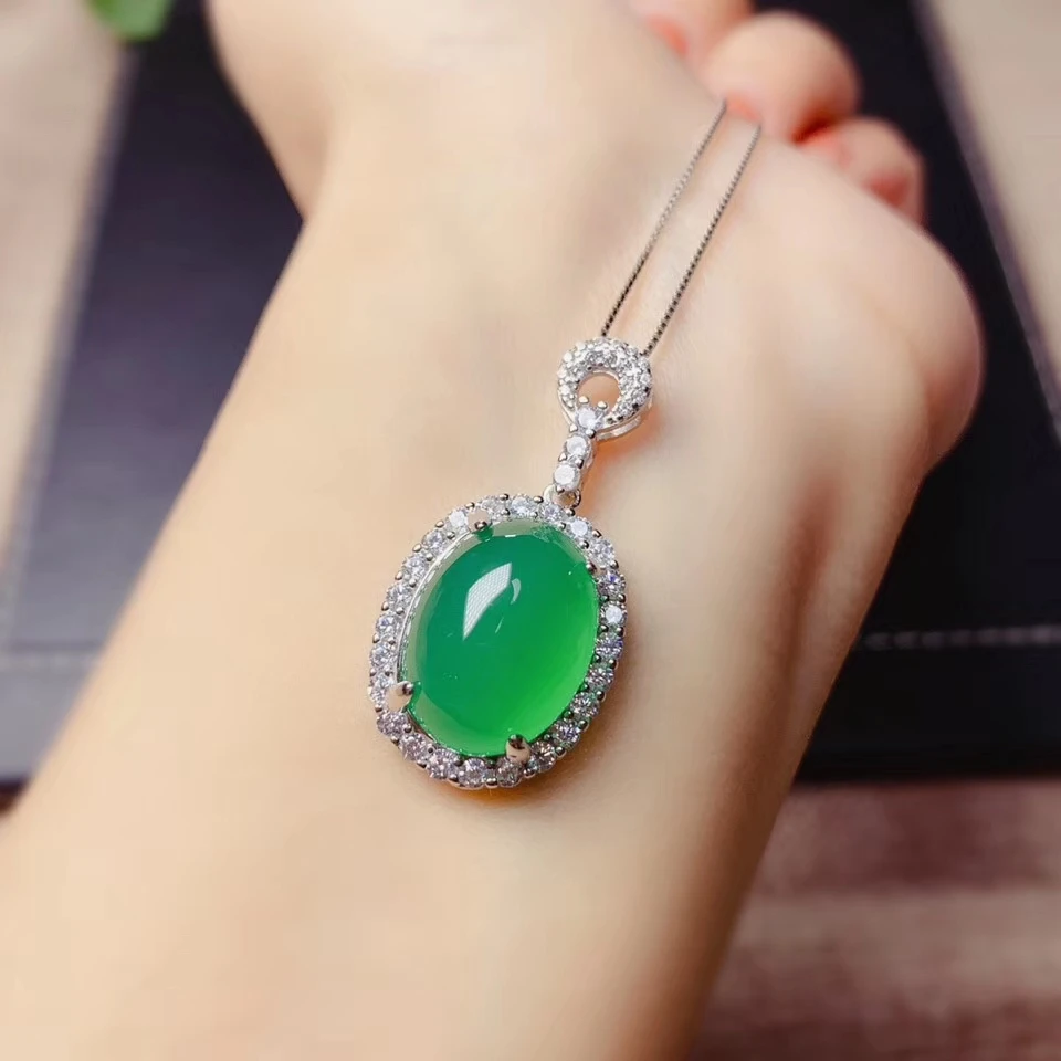 

big size beautiful green chalcedony gemstone pendant for necklace silver ornament natural gem real 925 silver birthday gift