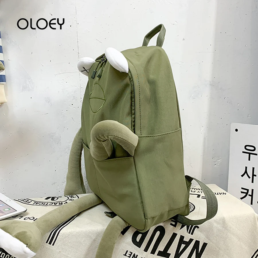 Mochila bolsa-女性用のカエルの形をしたランドセル,女性用の緑のキャンバスバッグ,10代の女の子用のショルダーバッグ