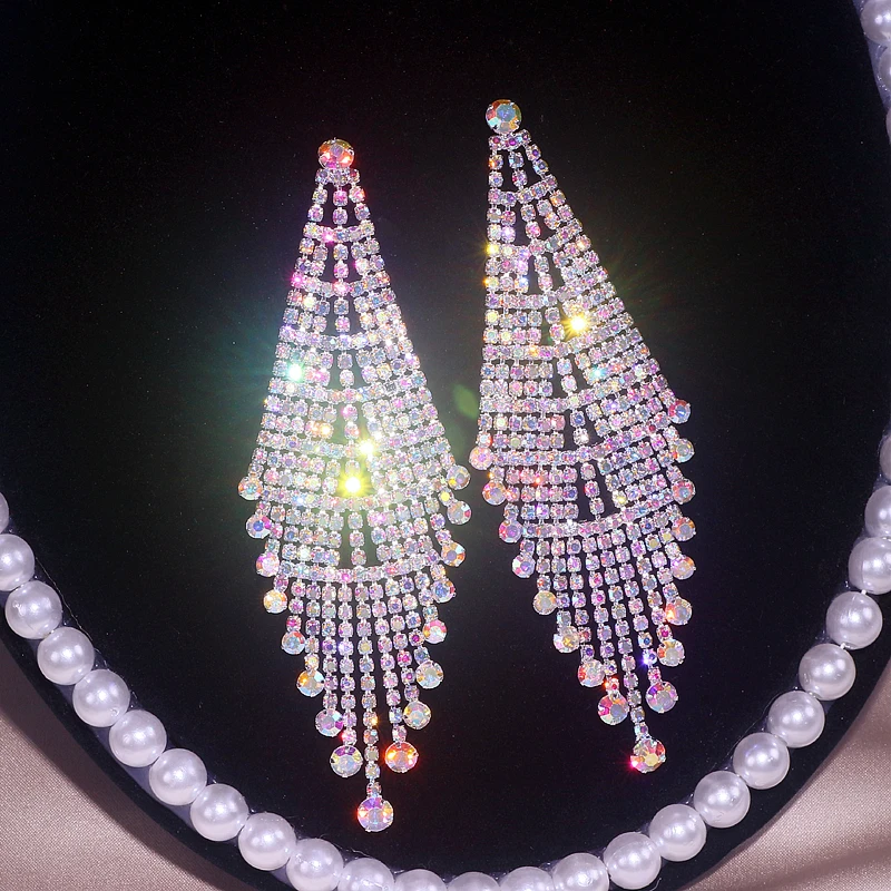 Classic Crystal Earrings Long Tassel Drop Earrings for Women Shiny Full Rhinestone Big Dangle Earrings Wedding Jewelry Gifts