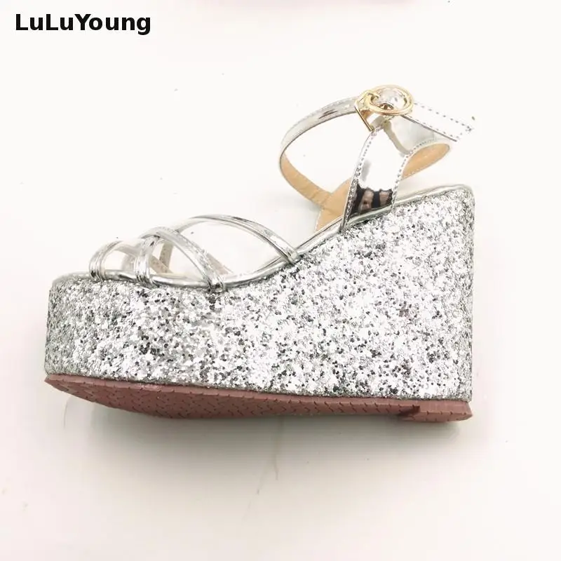 30-43 High Heeled Wedge Sandals Women Platform Sexy Sequins Shoes Open Toe Sandals