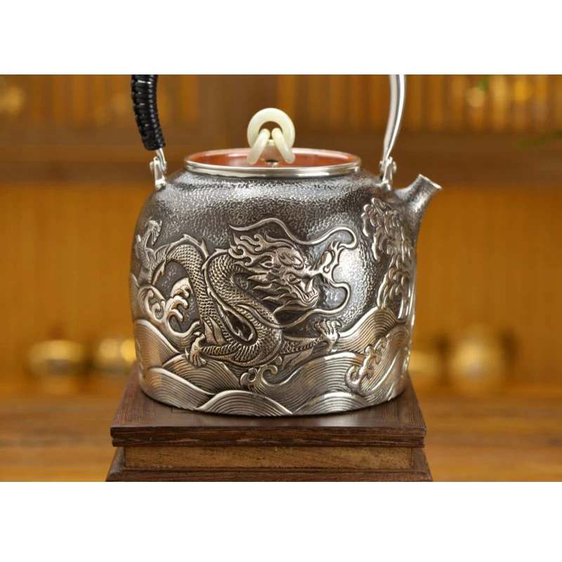 Silver pot 999 sterling silver handmade tea set Japanese retro teapot kettle home tea ceremony Kungfu tea set 1200ml