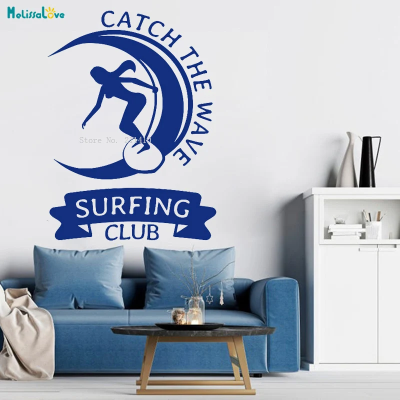 Catch The Wave Wall Decal Surfing Club Brave Man Extreme Water Sports Decor Surfer Board Vinyl Window Poster YT4558