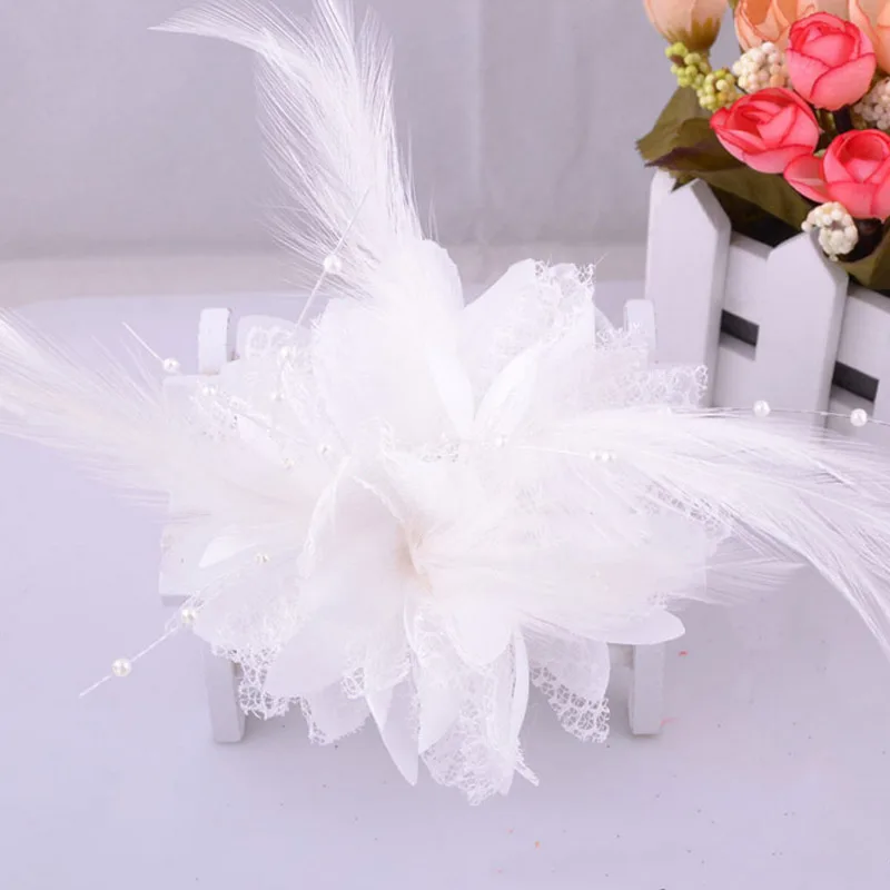 Bridal headdress with beaded flowers Fashion Flower Feather Bead Corsage Hair Clips Fascinator Bridal Hairband Brooch Pin