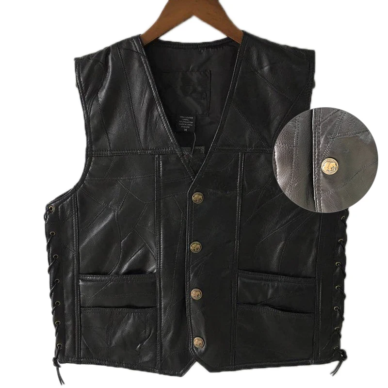 

Black Leather Motorcycle Vest For Men Genuine Leather Punk Biker Vest Lace Button Autumn Sleeveless Jacket For Men