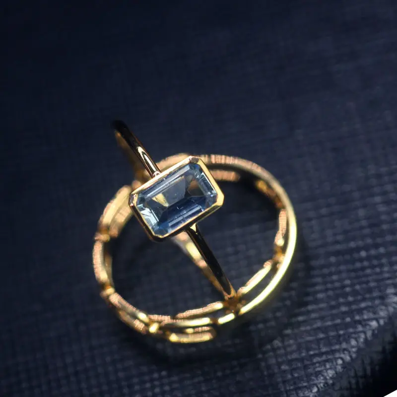 Unique original new rectangular aquamarine minimalist design opening adjustable ring exquisite charm luxury ladies jewelry