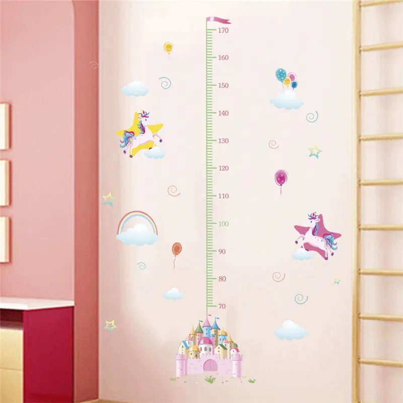 Cute Unicorn Castle Growth Chart Wall Stickers For Kids Room Home Decor Cartoon Safari Mural Art Diy Height Measure Wall Decal