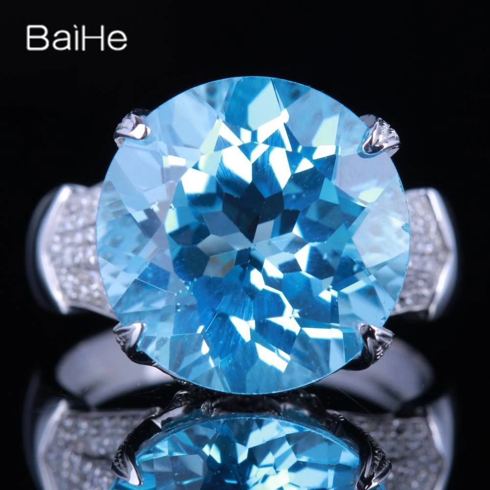 

BAIHE Solid 14K White Gold 11.2CT Round Genuine Sky Blue Topaz Ring Wedding Women Fine Jewelry Bague Topaze Bleu Ciel Squillo