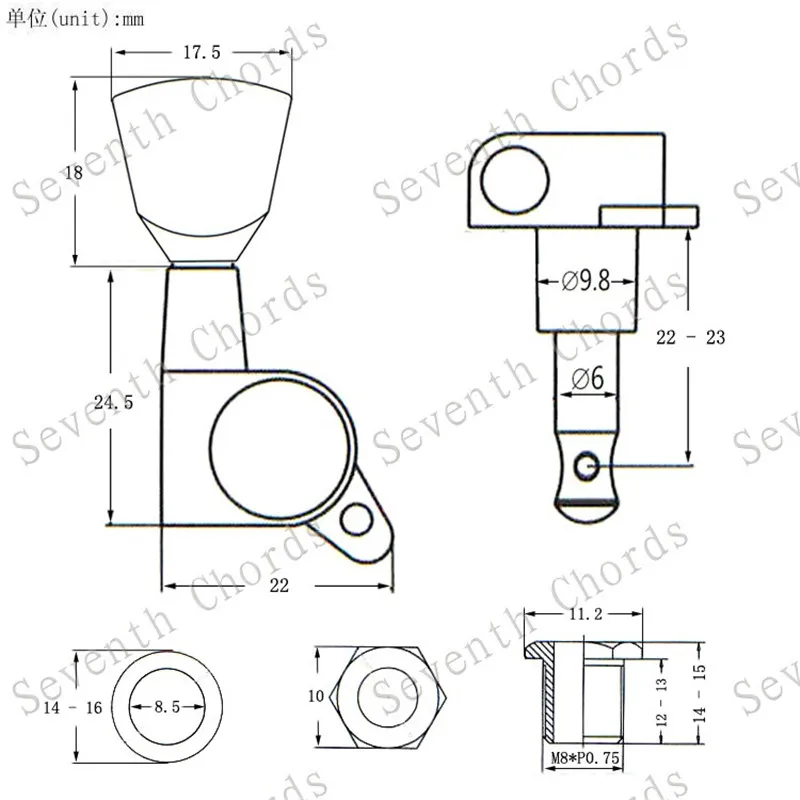 Ein Set mit 6 Stück versiegelten Mechaniken für Gitarren, inklusive Stimmwirbeln, Stimmknöpfen und Trapez-Jade-Grün-Knöpfen, Gitarrenzubehör und -teile. – Detail 10