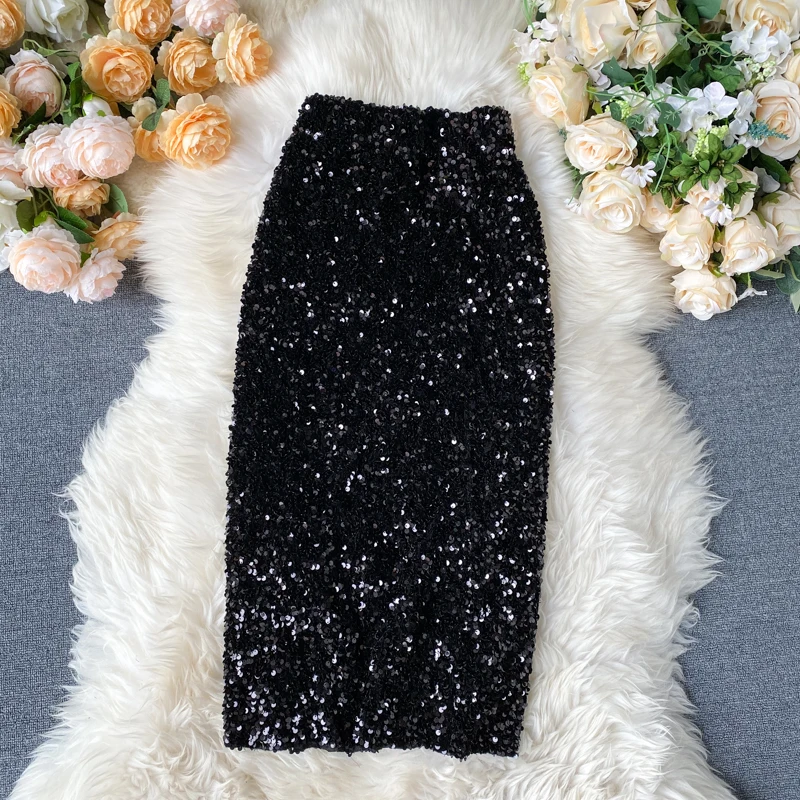 Bling Sequins Pencil Skirt Elastic Waist Women Bodycon High Waist Skirt Feminino Sparkling Party Skirts Korean Style Skirt black