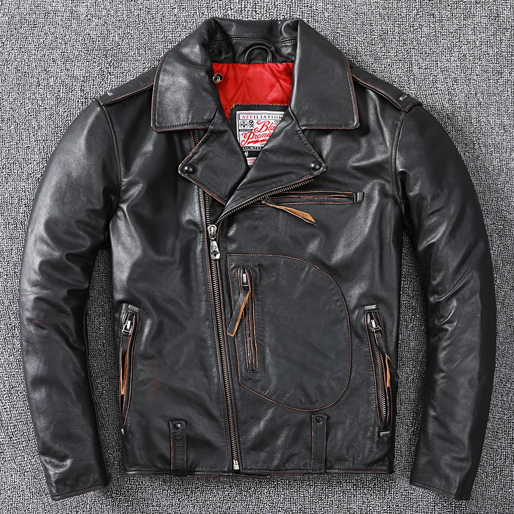 Vintage Black Winter Leather Jacket Men Punk Style Plus Size 6XL Genuine Thick Natural Cowhide Winter Warm Genuine Leather Coat