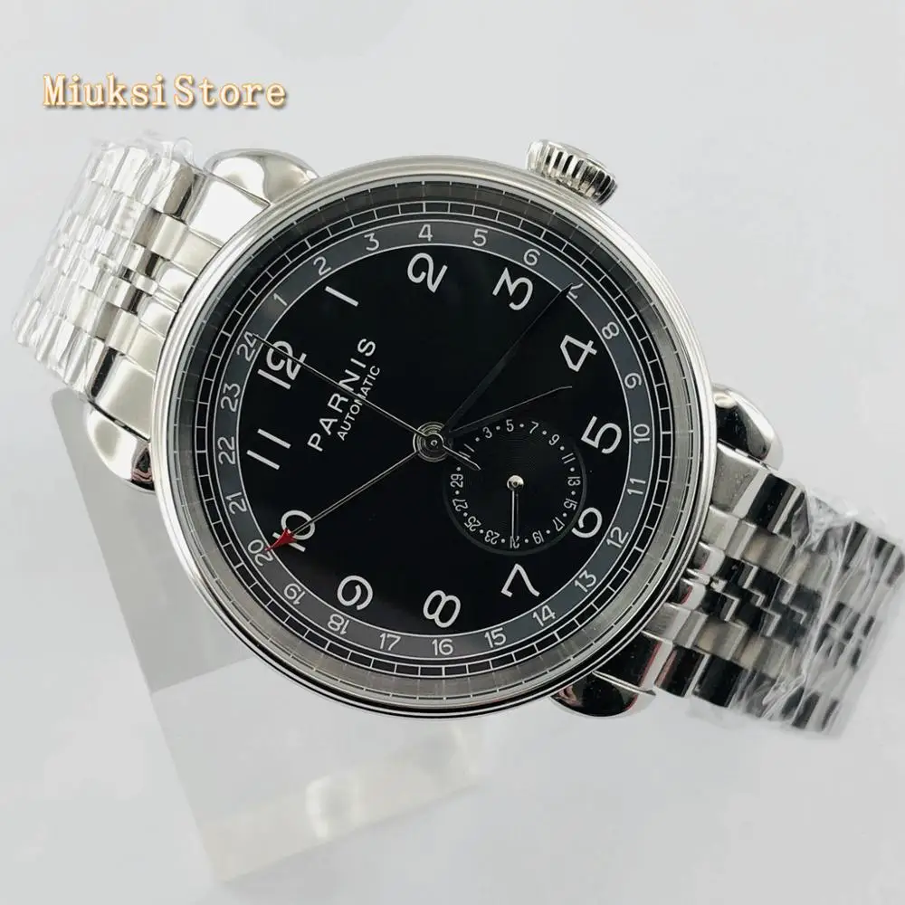 Parnis 2019 new top mens automatic mechanical watch 42mm silver case black dial GMT arab mark date window  mens watches