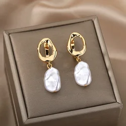 Stainless Steel  Imitation Pearl Earrings For Women Vintage Gold Color Earrings Luxury Circle Hoop Earrings Ear Buckle Jewelry