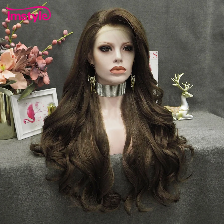 Imstyle Brown Wig Synthetic Lace Front Wig Heat Resistant Fiber Natural Wavy Lace Wigs Long Hair Daily Wigs For Women