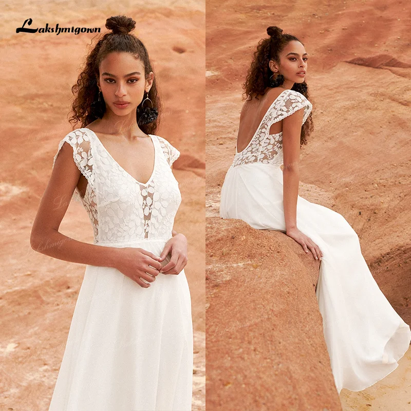 

Sexy Backless Robe Beach Lace Wedding Dresses Mariee Cap Sleeve V Neck Behemian Boho Chiffon Bridal Gown vestido de novia 2021