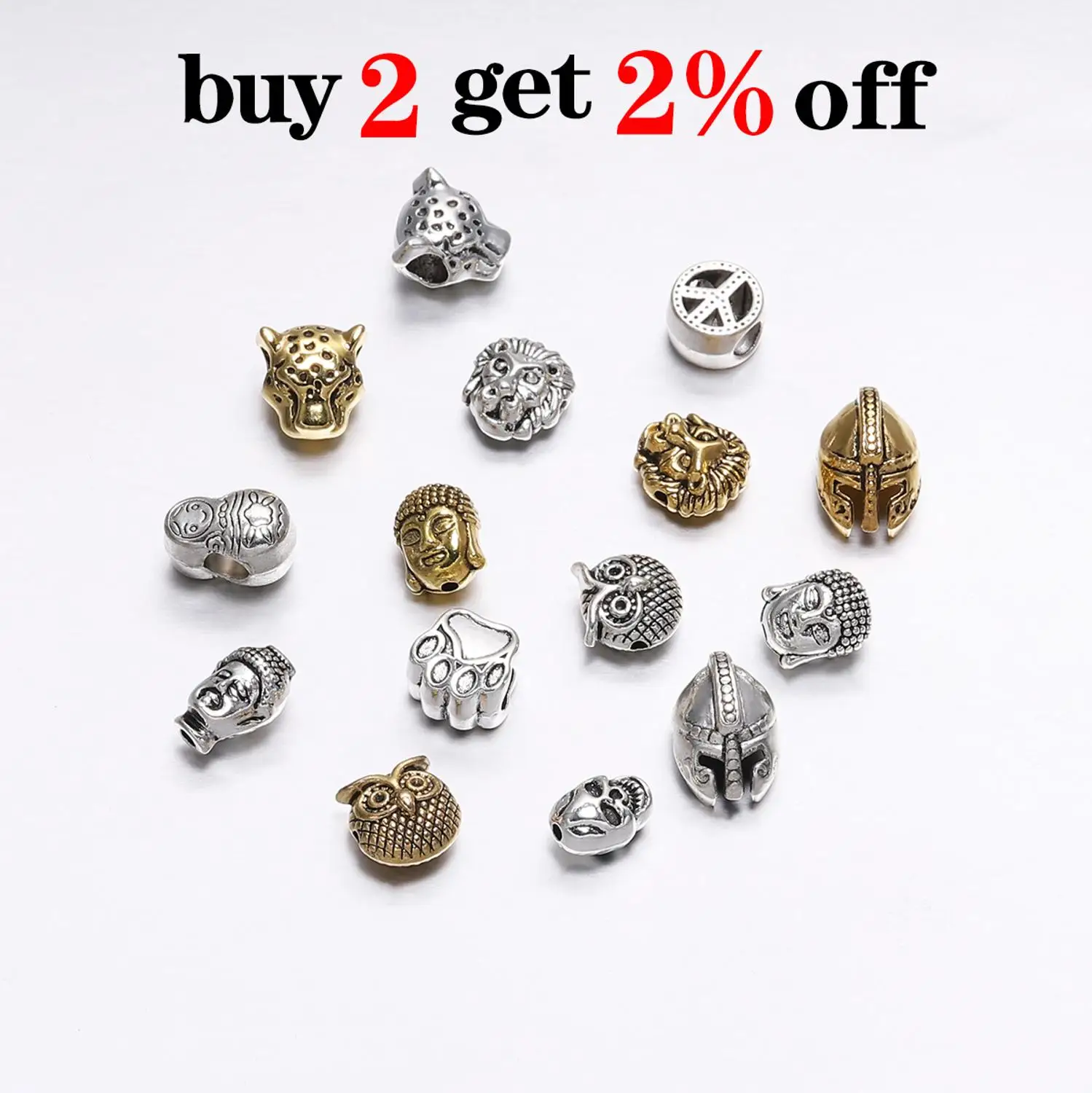 10pcs/lot Gold Color Charm Beads Buddha Sparta leopard Lion Heads Spacer Beads Supplies For Jewelry Finding Making DIY Bracelet