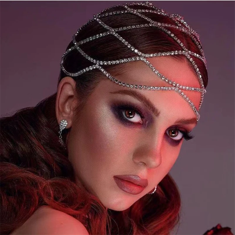 2021 Hollow Rhinestone Mesh Headpiece Wedding Head Chain Jewelry for Women Luxury Crystal Headband Head Cap Hat Hair Accessories