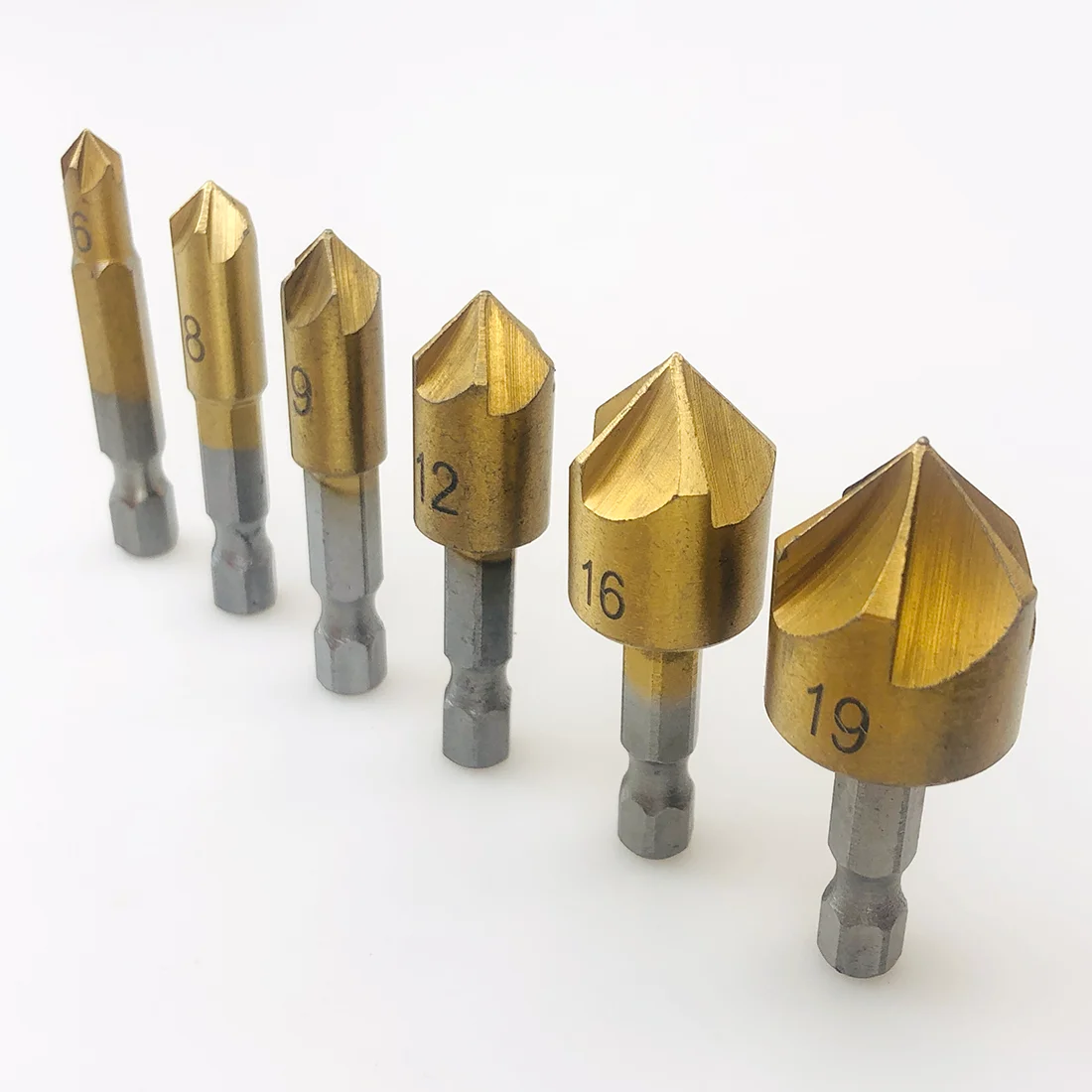 6pcs Titanium Coated 6-19mm Countersink Drills for Drilling Set Drill Bit Tools 5 Flutes HSS 1/4 Inch Hex Shank Chamfer