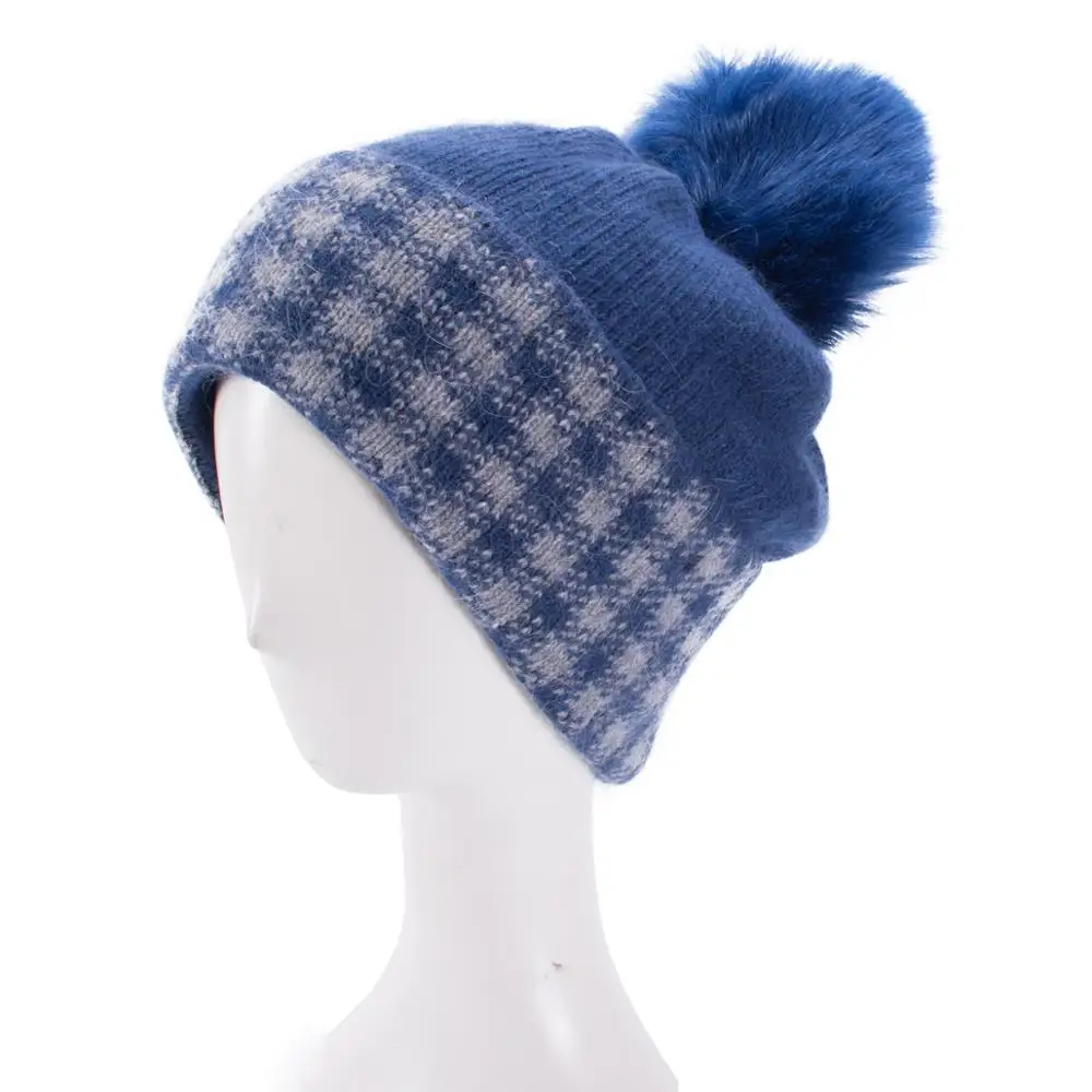 Lawliet Womens Wool Blend Checked Pom Pom Knitted Slouch Winter Beanie Cap Hat A561