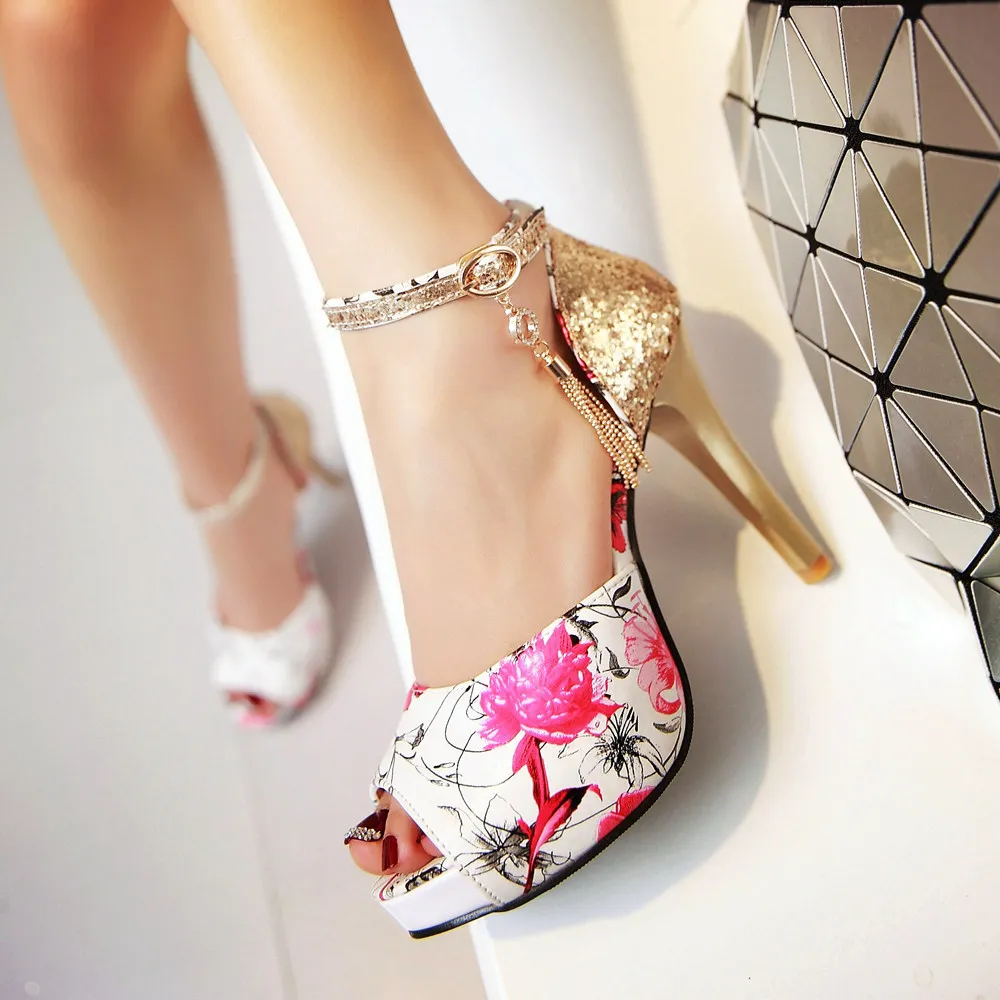 women Summer Flower print shoes Fish Mouth high heel ladys platform sandals evening dress wedding shoes femal zapatos de mujer