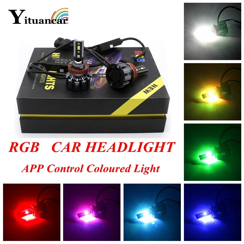 

Yituancar 2Pcs LED Car Headlight Bulb Styling Source RGB Coloured APP Control 24W 6000K H1 H7 H11 9005 9006 H4 Front Fog DayLamp