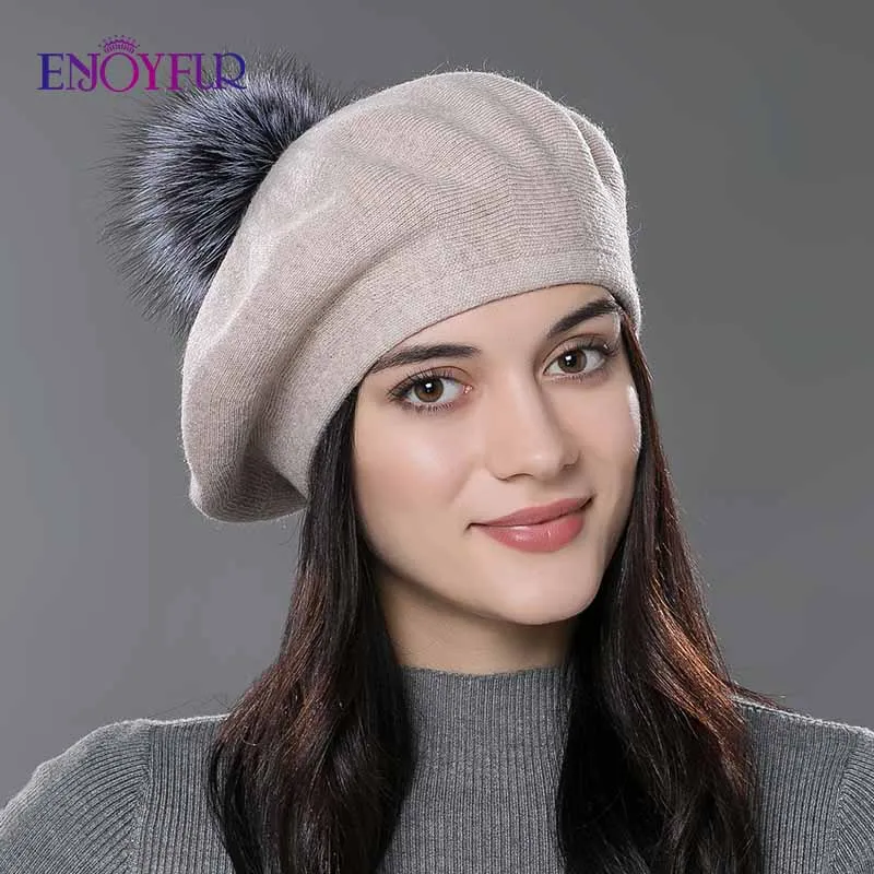 ENJOYFUR Women Winter Classic French Beret Cashmere Wool Knit Real Fur Pom Pom Beret Hat For Lady Warm Fashion Fur pom Beret