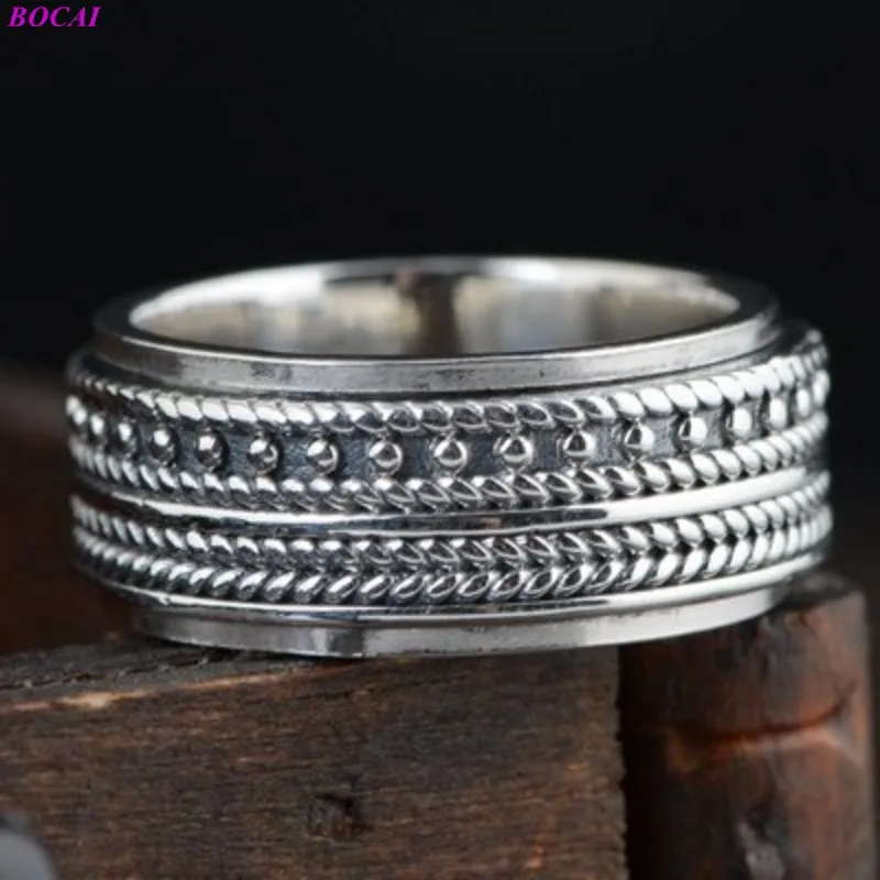BOCAI S925 Sterling Silver Rings for Women Men New Fashion Wheat-Ear Pattern Rotatable Pure Argentum Jewelry Wholesale