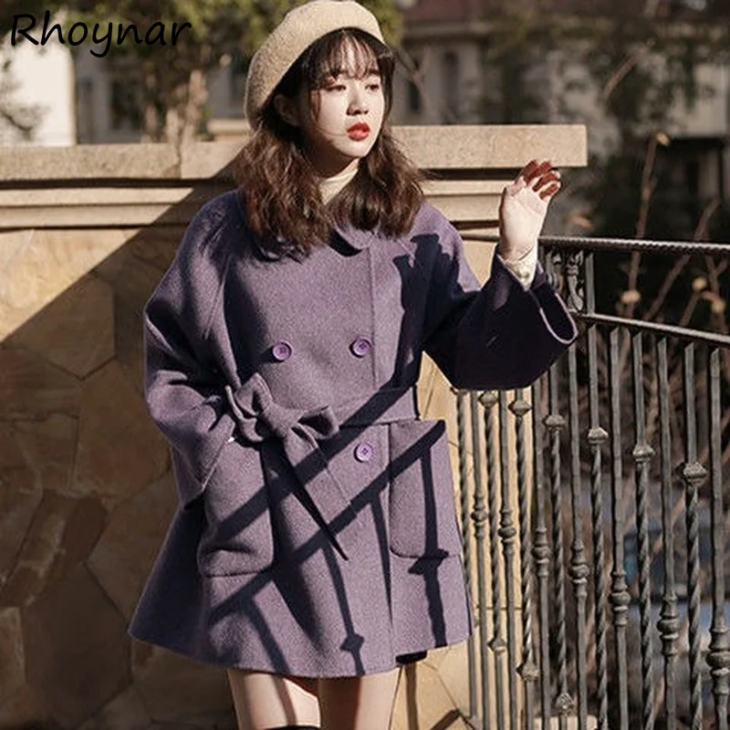 

Blends Women New Winter Warm Solid Leisure Korean Style Elegant Double Breasted Office Ladies Thicker Loose Coats Chic Simple