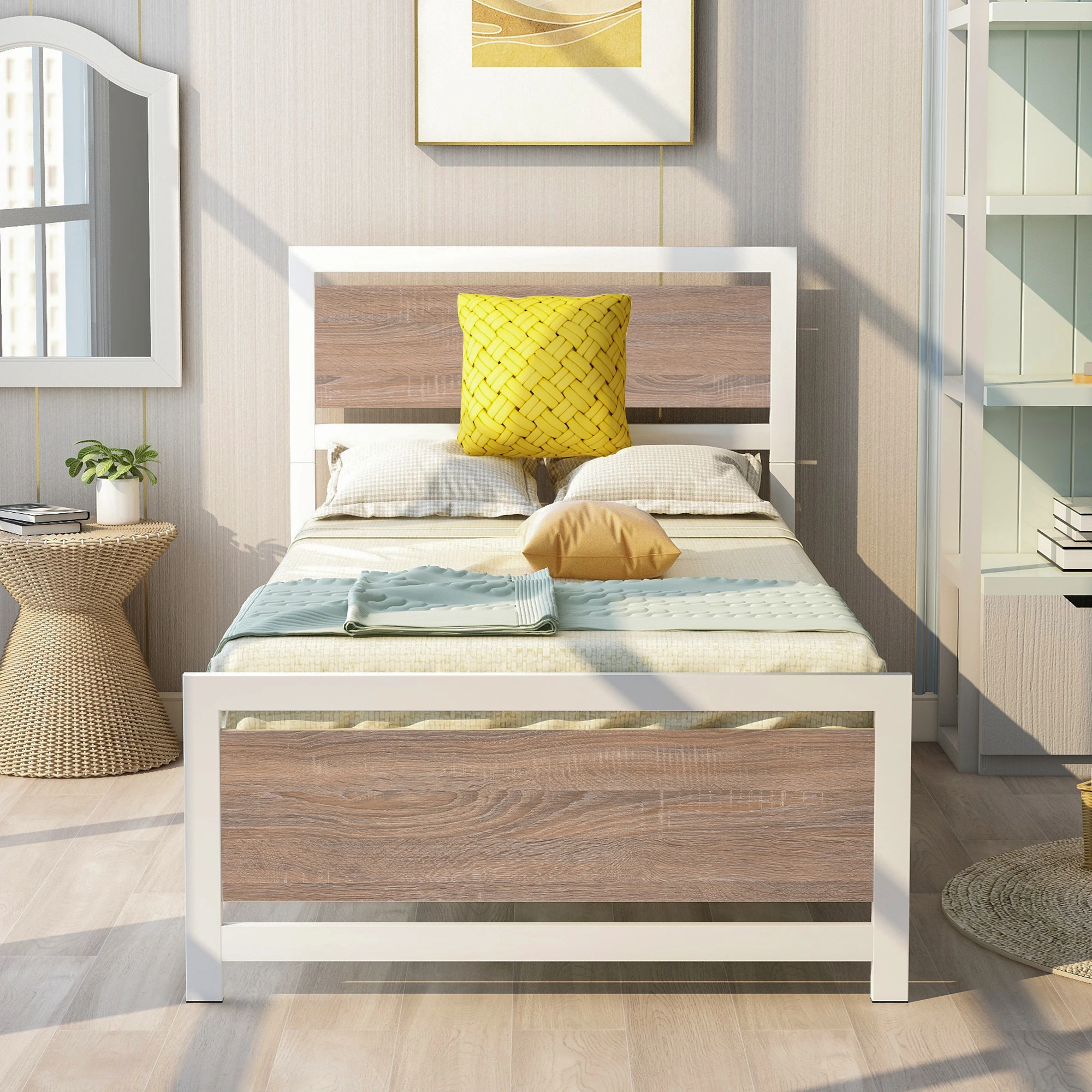 US Warehouse Metal and Wood Bed Frame with Headboard and Footboard  Twin/Full/Queen Size Platform Bed  Easy to Assemble