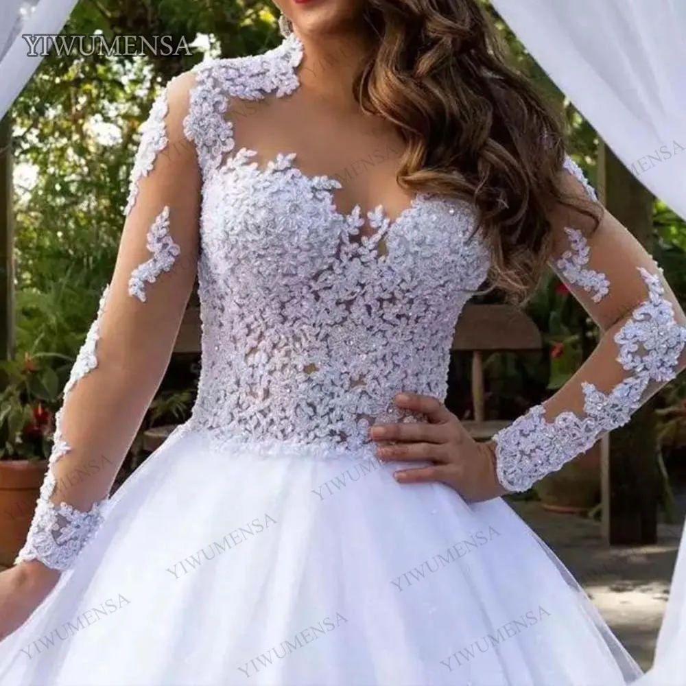 Abito da sposa Sexy da principessa illusione abiti da sposa pelle di boemia Tulle maniche lunghe Appliques di pizzo abito da sposa Robe De matrimonio