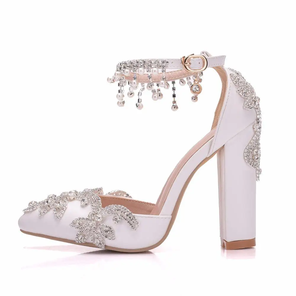 Wedding Shoes Bride Heels Crystal Pumps Christmas Day Evening Party Luxury Square Heel Sandals Woman Shoes