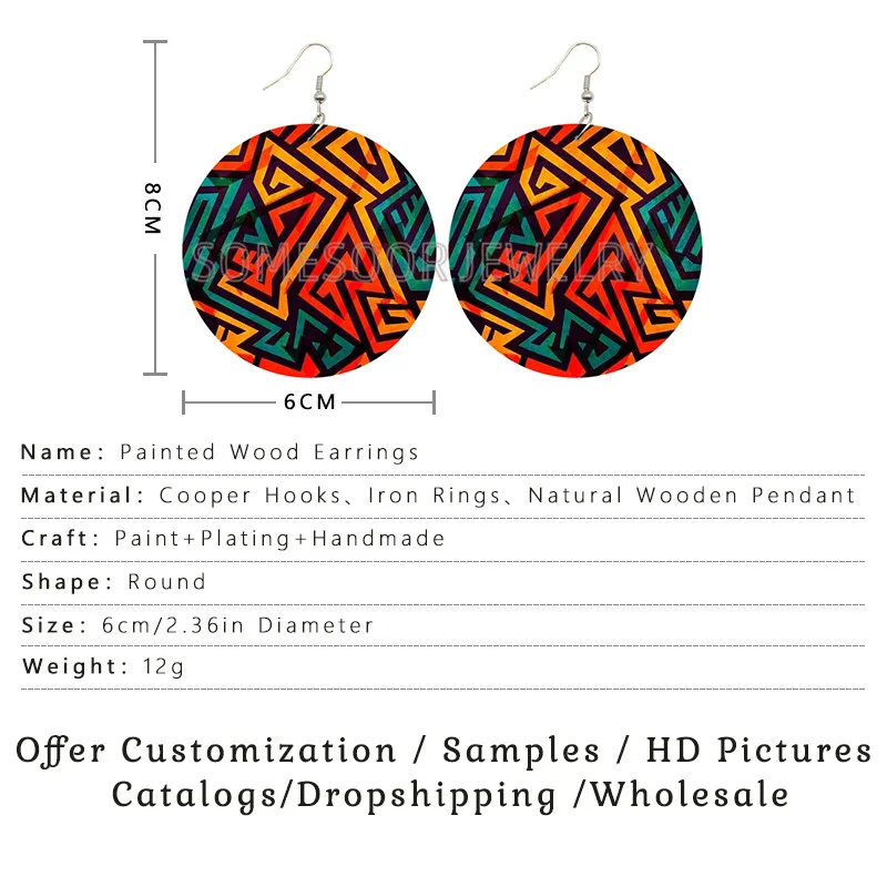 SOMESOOR Afrocentric Ethnic Bohemian Design Wooden Drop Earrings Fabric Pattern Both Sides Printed Ear Loops For Women Gifts