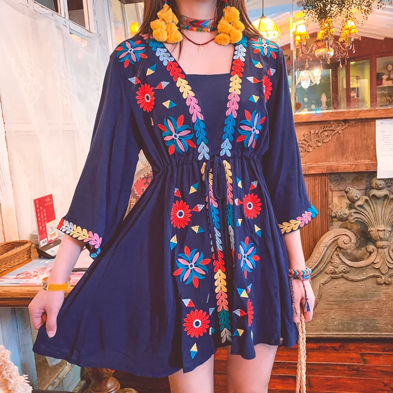 Bohemian Holiday Retro Folk Style Heavy Craft Embroidery Short Dress 2021 Summer New Sunscreen Lace Up Waist Loose Dress