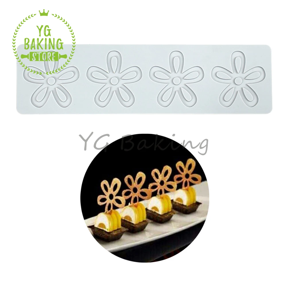 Dorica 4 Cavities Five Petal Flower Design Impression Cake Lace Mat Silicone Mold Kitchen Cake Decorating Tools Baking Mould