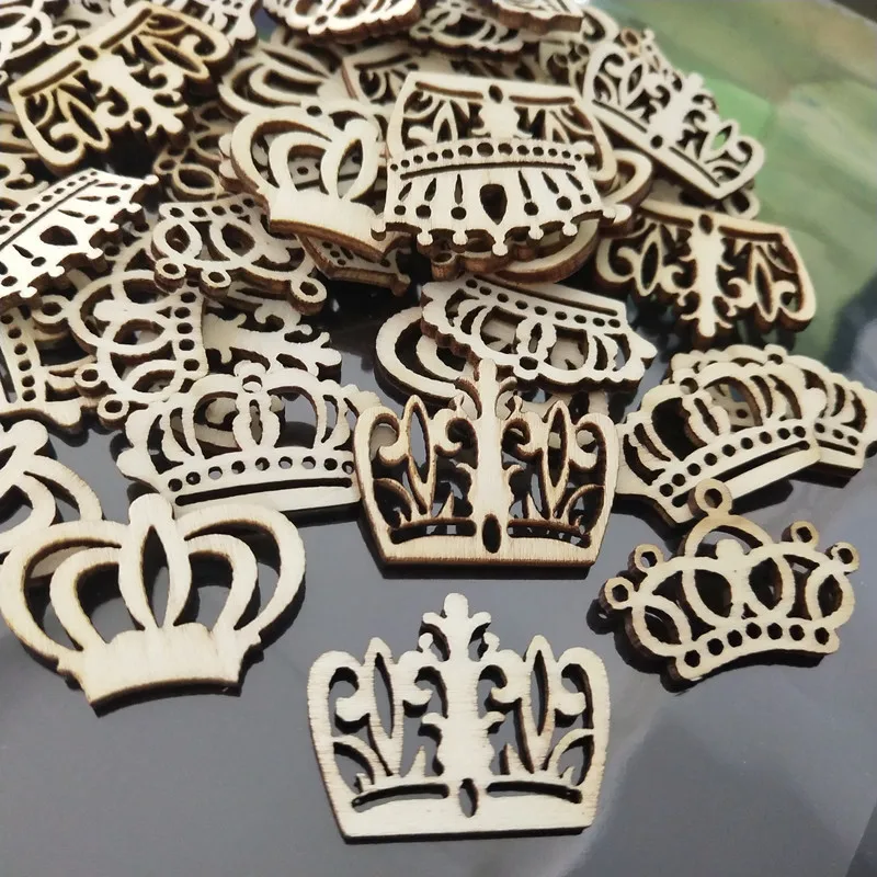 

50pcs Wooden Cartoon Hollow Out Crown Shapes Crafts Cutouts Wood Embellishments Wood Ornament Manual Accessories for DIY Art