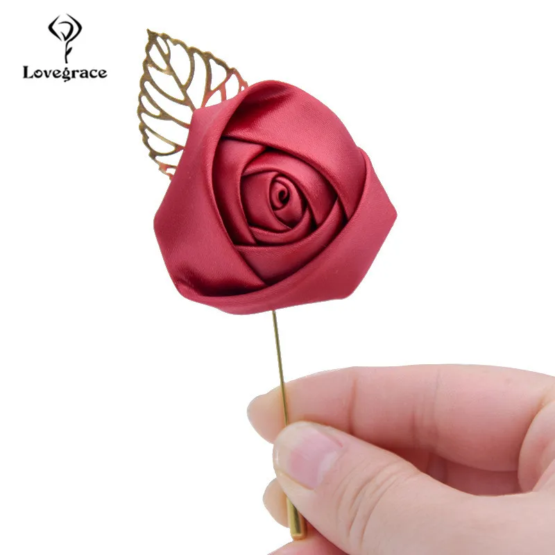 Boutonnière en soie Rose fleurie pour homme, broches de Corsage, pour marié, pour témoin de mariage, feuilles dorées, pour bal de promo