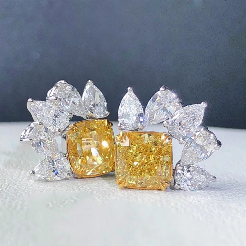 Huitan Luxury Princess Square Yellow CZ Stud Earrings for Women Bright Accessories Lovely Female Earrings Party Fashion Jewelry