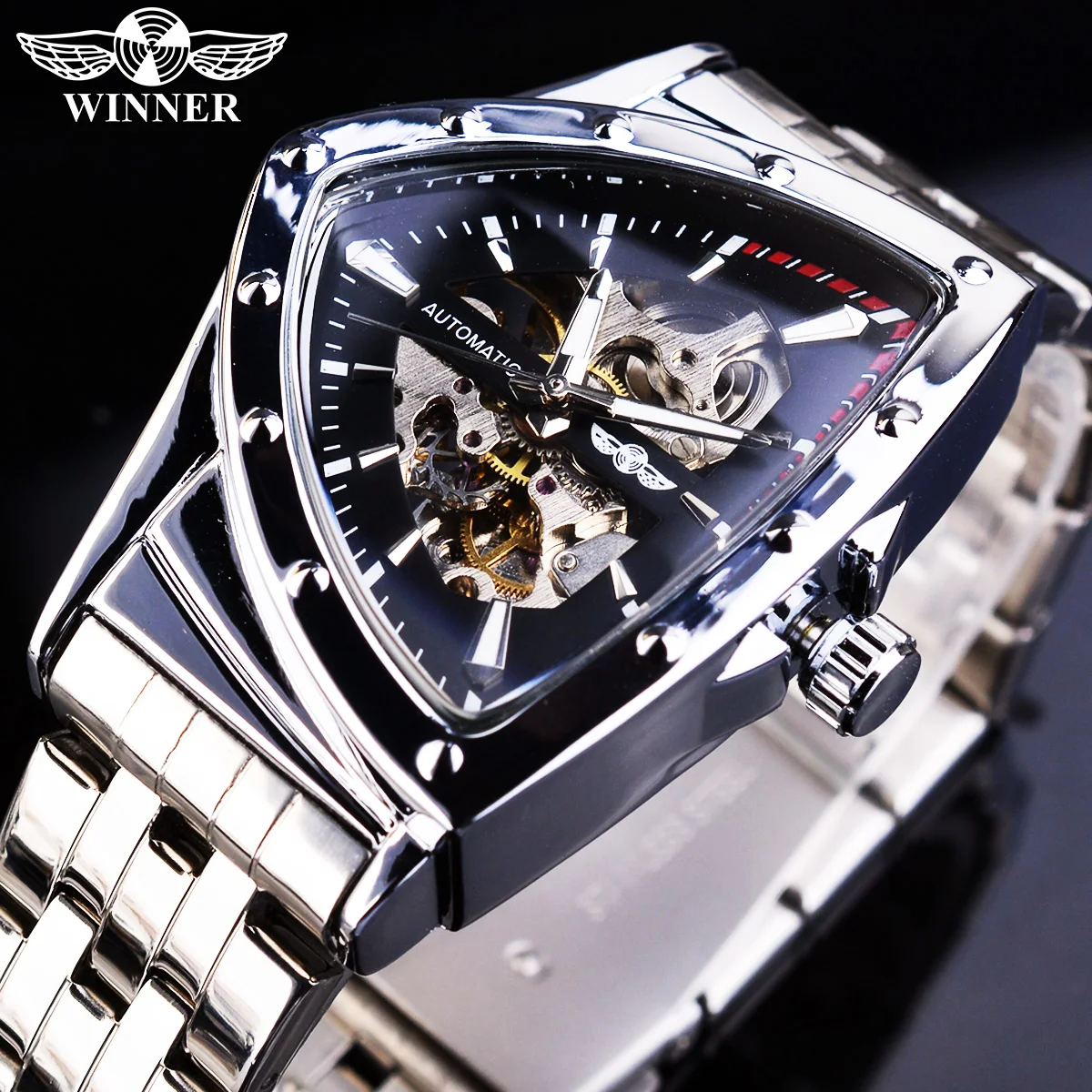 Winner Silver Men Mechanical Wristwatch Skeleton Automatic Triangle Watches Stainless Steel Watch Transparent Case Reloj Hombre