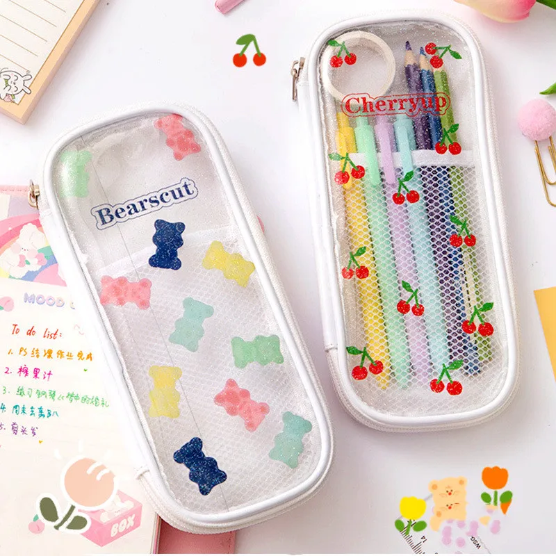 Cherry transparent pencil case Cute pencil bag big pen case kawaii Children stationery bag student pen bag Girls cosmetic bags